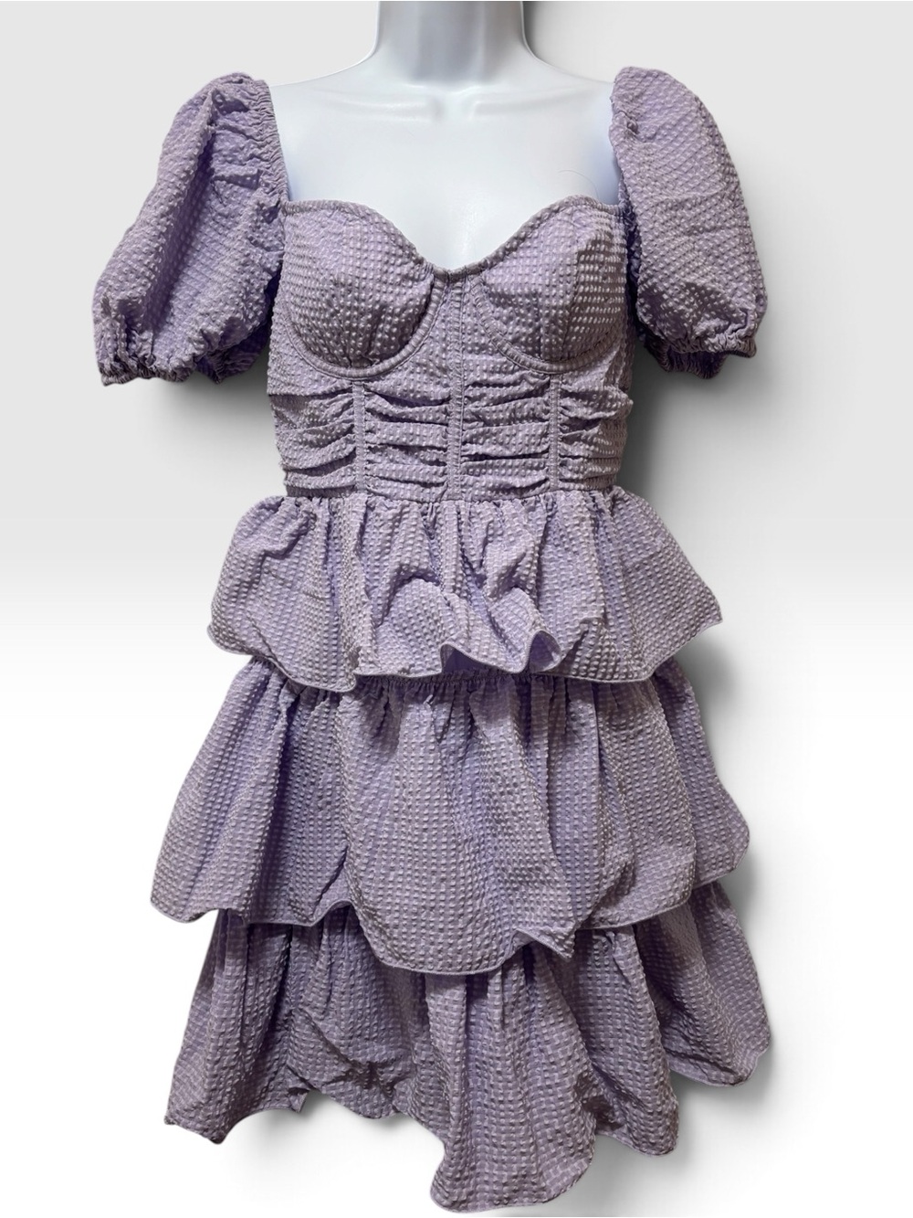 PrettyLittleThing Lilac Puff Sleeve Tiered Ruffle Mini Dress US 2 - Picture 2 of 5